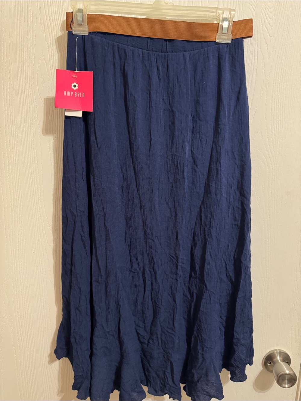 Amy Byer Ruffle Front Maxi Skirt Girls Large 14 NWT Navy Blue Braided Tan Belt - Picture 5 of 8